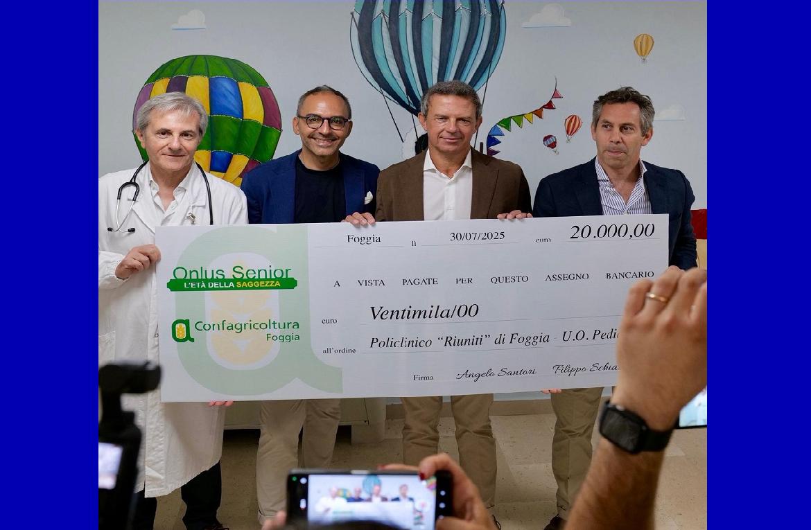 Confagricoltura Foggia dona 20 mila euro per i piccoli pazienti di Pediatria del Policlinico Foggia