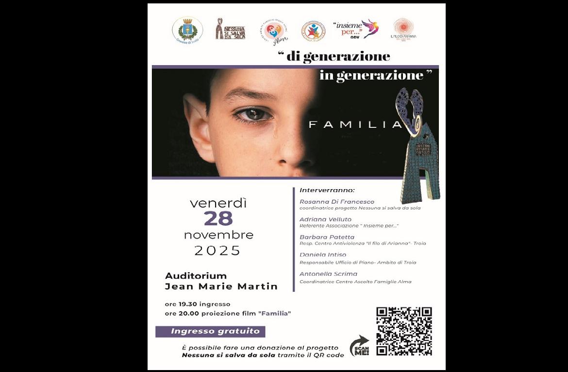A Troia presso l’Auditorium Jean Marie Martin la proiezione del film 'Familia' di Francesco Costabile