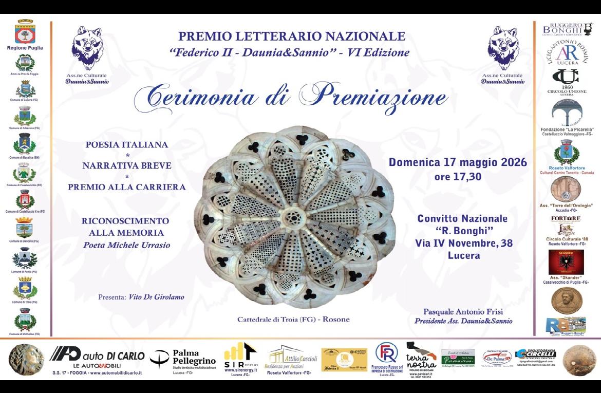 Premio letterario “Federico II - Daunia&Sannio”, il 17 maggio a Lucera la cerimonia conclusiva della VI edizione